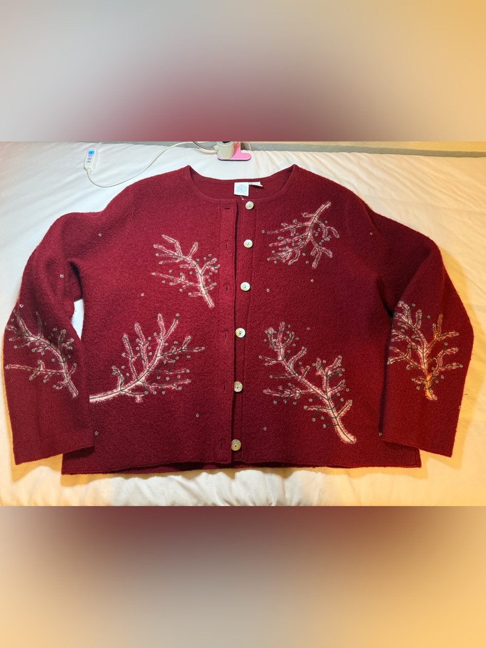 Susan Bristol 100% Wool Burgundy Embroidered Button-Front Cardigan